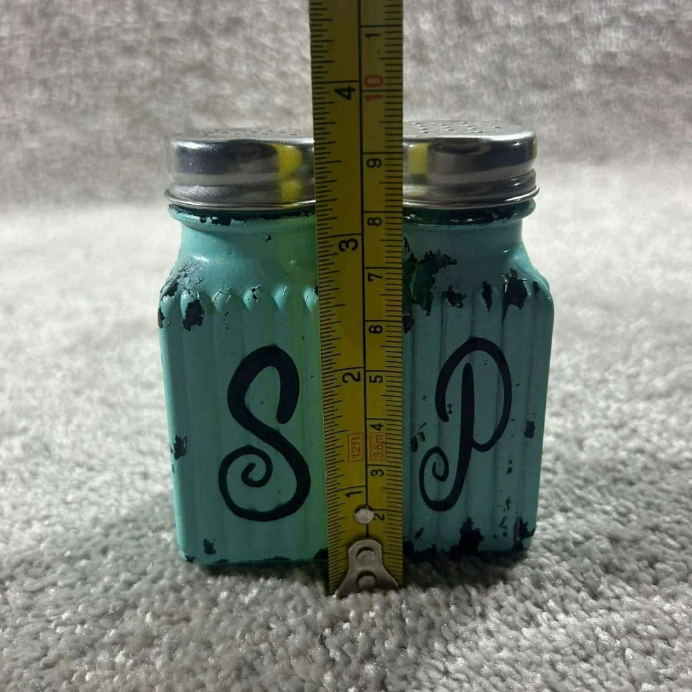Turquoise Blue Distressed Salt Pepper Shaker Set Farmhouse Kitchen